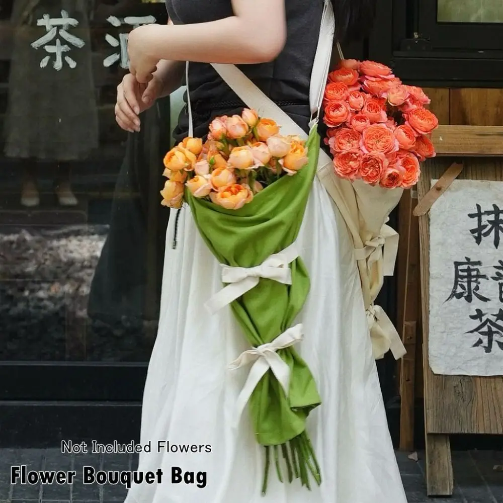 with Adjustable Shoulder Strap Flower Bouquet Bag Reusable Portable Flower Carrying Bag Canvas White Color Bouquet Carrier