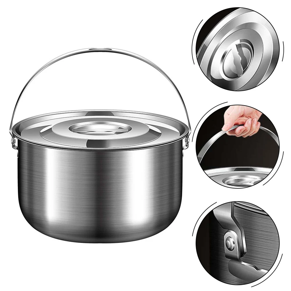 1X Outdoor Camping  Cookware Stainless Steel Pot With Lid  Handle 1.4/2.4/4/6L Outdoor Camping Pot Lid  Hanging Camping Cookware