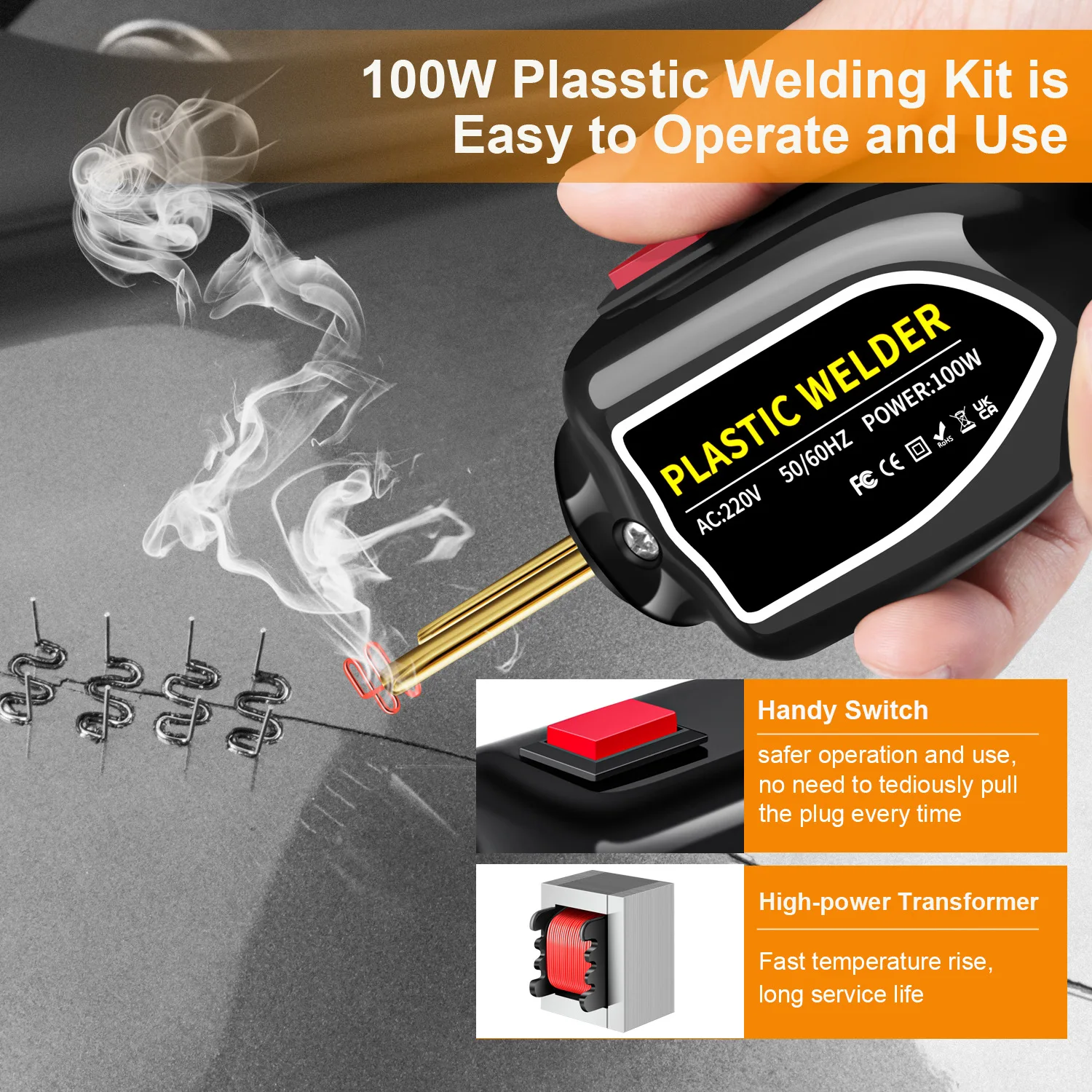 100W 220V EU Plastic Welder Kit, Auto Bumper Crack Hole Repair Tool with Welding Staples, Compact Design