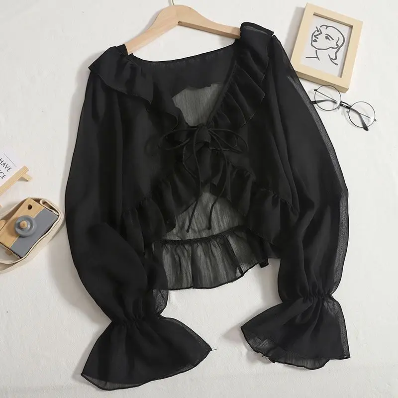 Women Summer Shirts Sweet Long Sleeve Ruffles Flare Sleeve Holiday Solid Sunscreen Tops Tie-Up Cardigans Chiffon Short Shirts