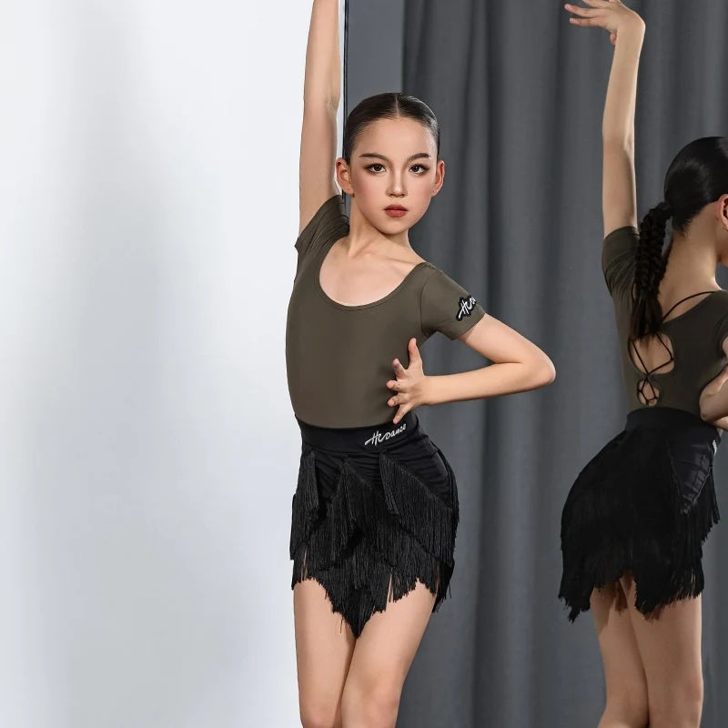 Meisjes Split Oefenpak Latin Dansvoorstelling Kostuums Terug Holle Top Kwasten Rok Chacha Rumba Tango Latin Wear DN20682