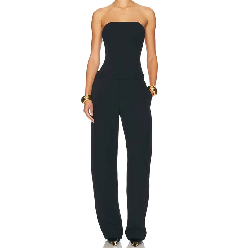 

jumpsuits for woman 2025 Summer New Fishbone slim straight leg pants Sexy off shoulder wide leg pants Fashion patchwork jumpsuit