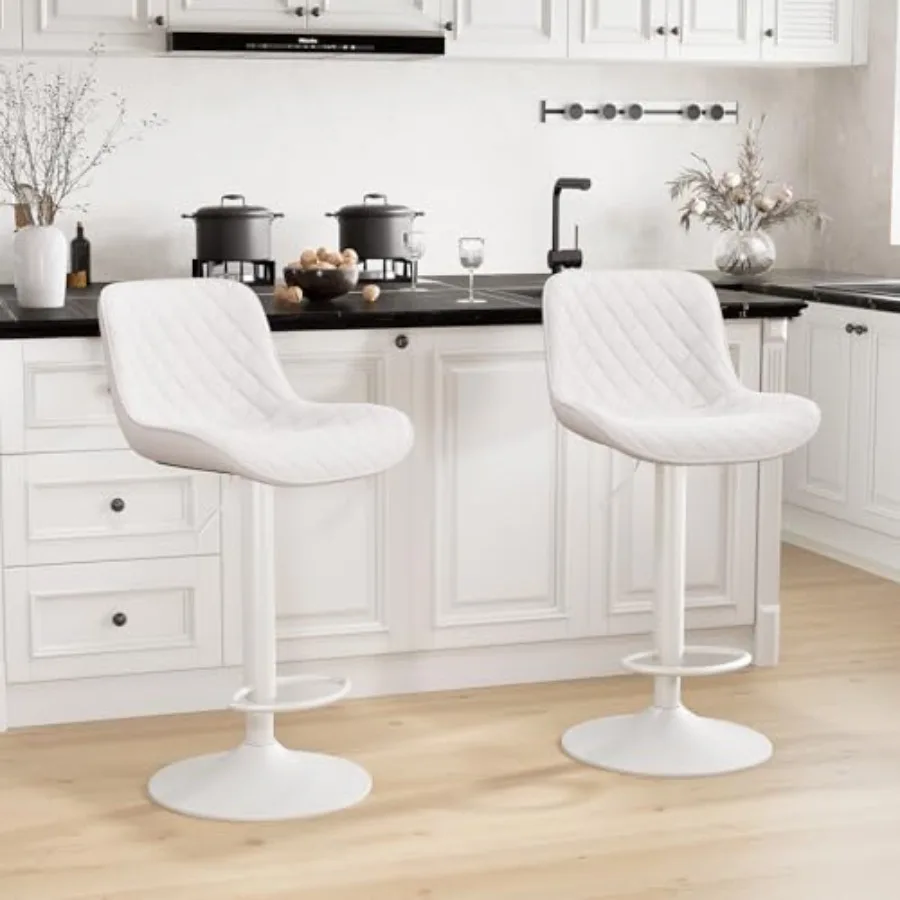 

All White Bar Stools Set of 2, Upholstered Counter Height Bar Stool, Adjustable Swivel Faux Leather Barstools, with Padded Back