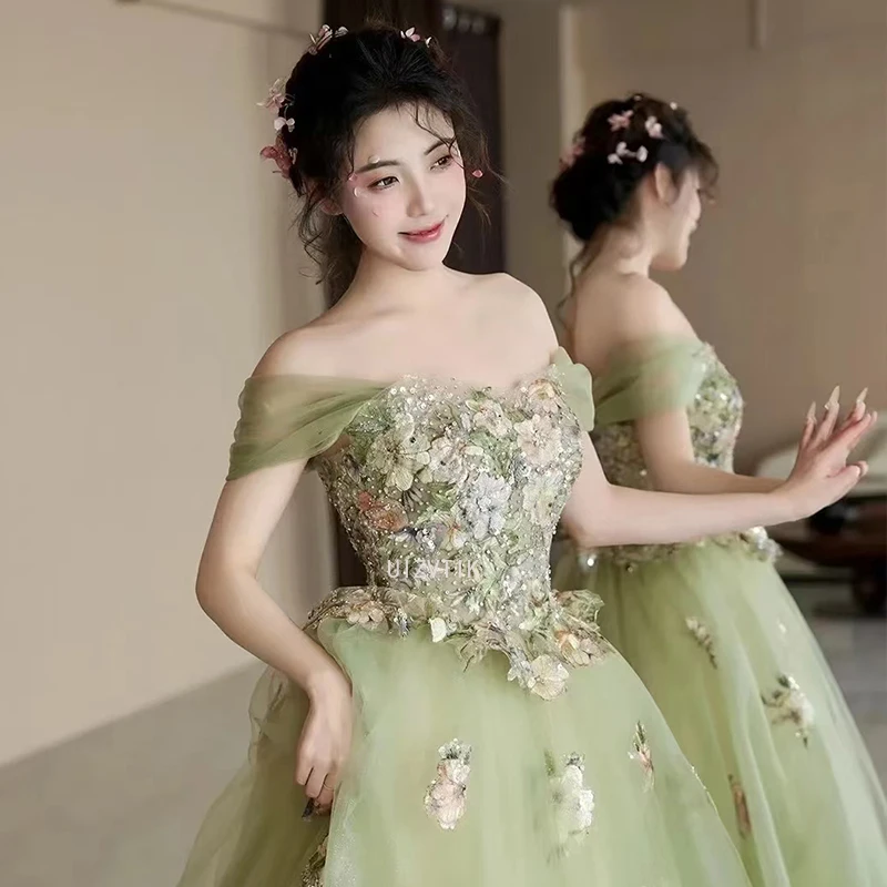 Eegant グリーンイブニングドレス女性オフショルダーアップリケ花ロングウエディングドレスカスタマイズされたウェディングパーティーフォーマルオケージョンドレス