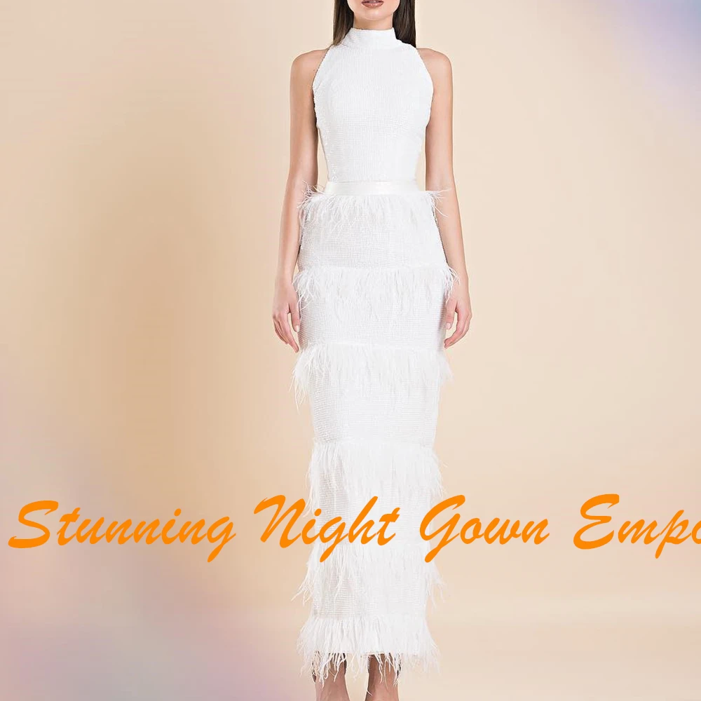 Customized Graceful High Collar Feathers Pleats Evening Dress Modern Straight White Sleeveless Party Gown vestidos para mujer