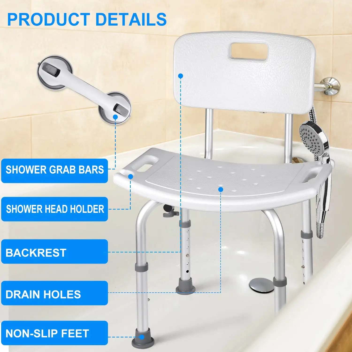 Shower Chair with Shower Head Holder and Shower Grab Bar Shower Stool for Bathtub  Adjustable Shower Seat Supports up to 350 lbs