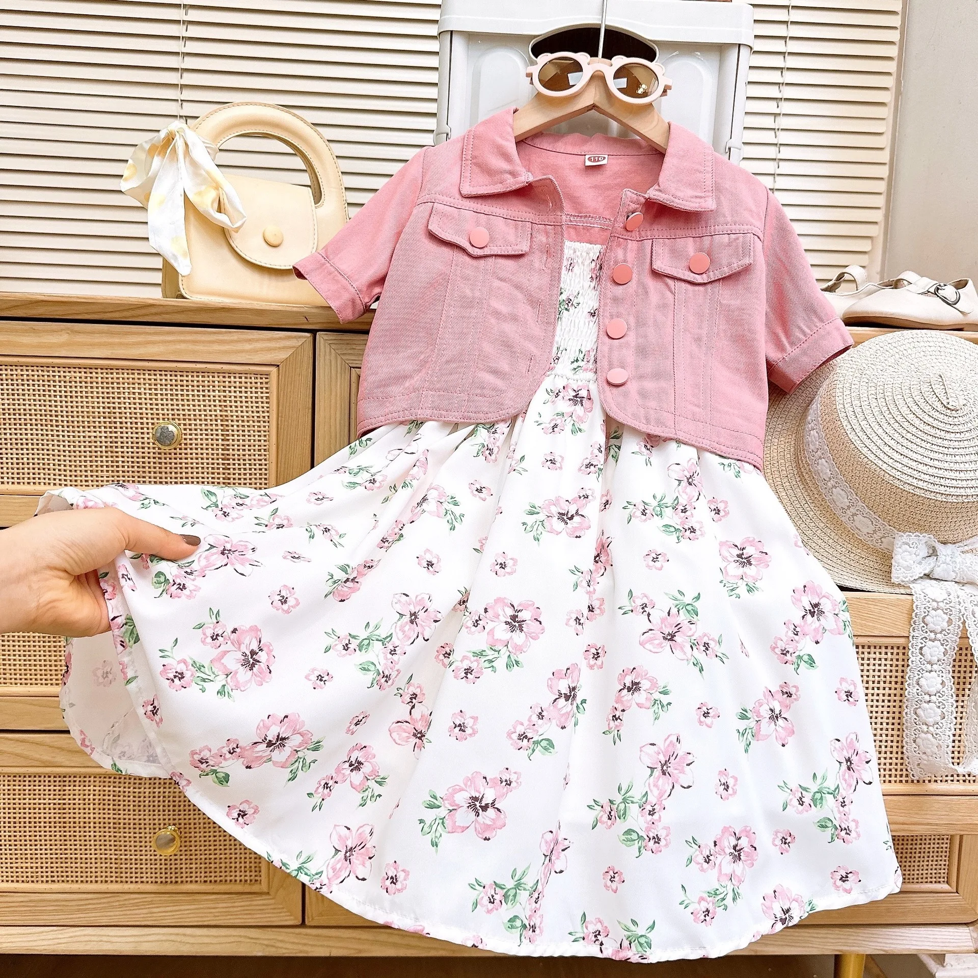 Children's Sets Fashion Pink Jacket Coat Top + Floral Strapless Dress Two-piece Suit Summer Girl  Kids Clothes Girls