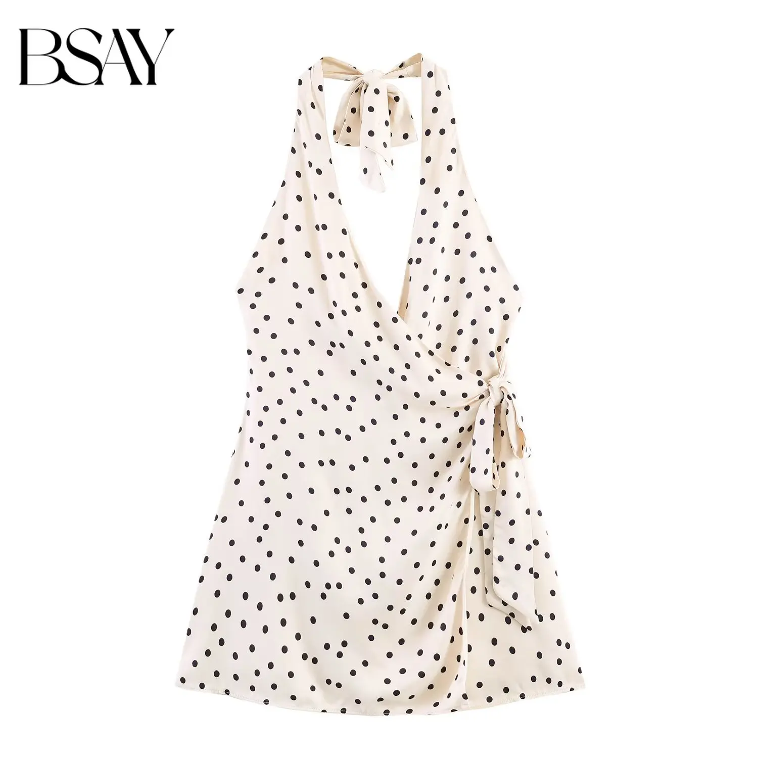 BSAY Damen Bareback-Kleid 2026 Sommer Neu Französisch Retro Polka Dot Sexy V-Ausschnitt Schleife Urlaubsstil Hot Girl Kleider