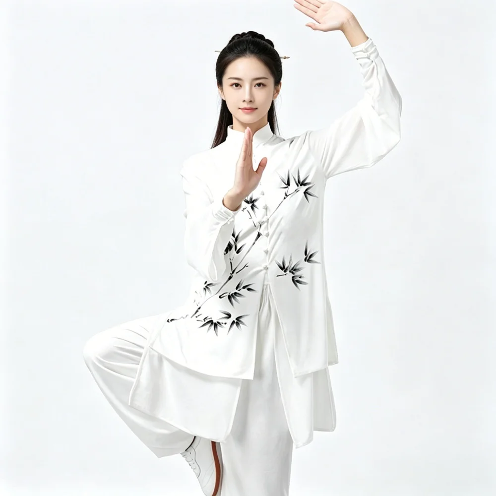 USHINE Chinese Traditional Tai Chi Suit For Men Women Crane Bamboo Print Martial Arts Uniform Top Pants Set For Practice Show