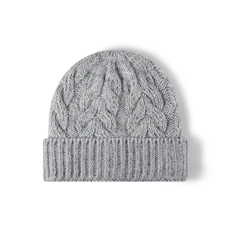 Unisex Wool Blend Cable Knit Beanie Cuffed Fold Hat Soft Warm Solid Color Winter Skull Cap for Women