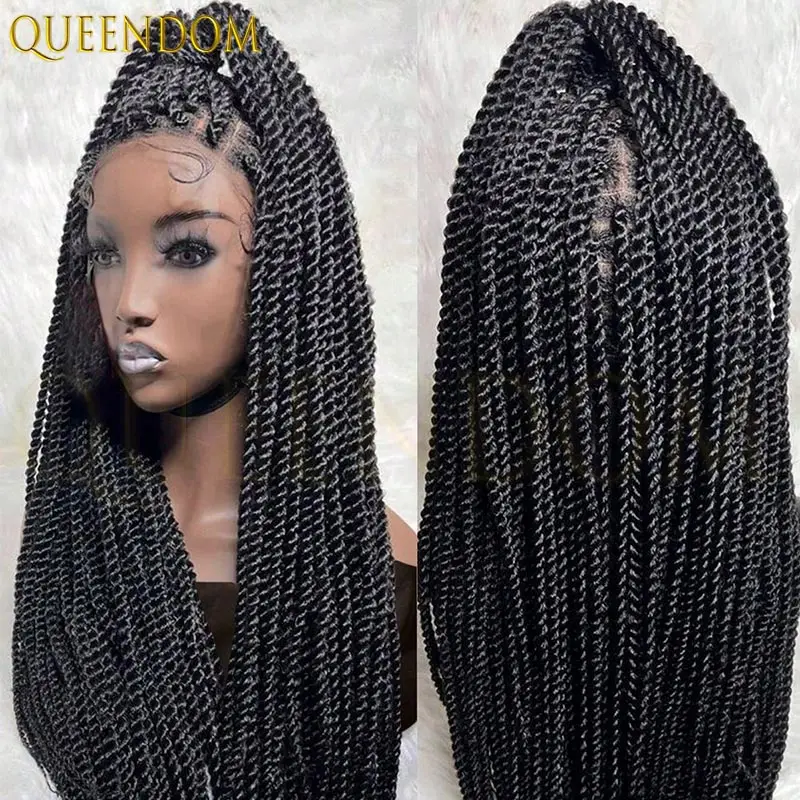 Peluca trenzada de caja torcida senegalesa sintética Borgoña, encaje Frontal completo, rastas de imitación para mujeres negras, peluca de pelo con trenzas de diosa