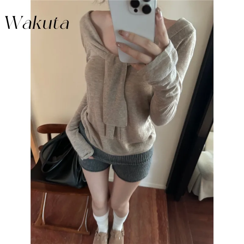 WAKUTA Japanese Retro V-neck Tie Inside The Long-sleeved Knit Sweaters Female Fall Design Sense Thin Spicy Niche Jumper 여성 반팔 니트