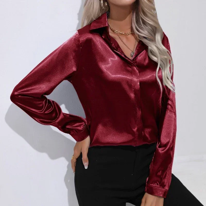 Long Sleeve Satin Shirt Fashoin Women Clothing Solid Silk Casual Blouses Women Turn-down Collar Lady Tops Blusas Elegant 29730