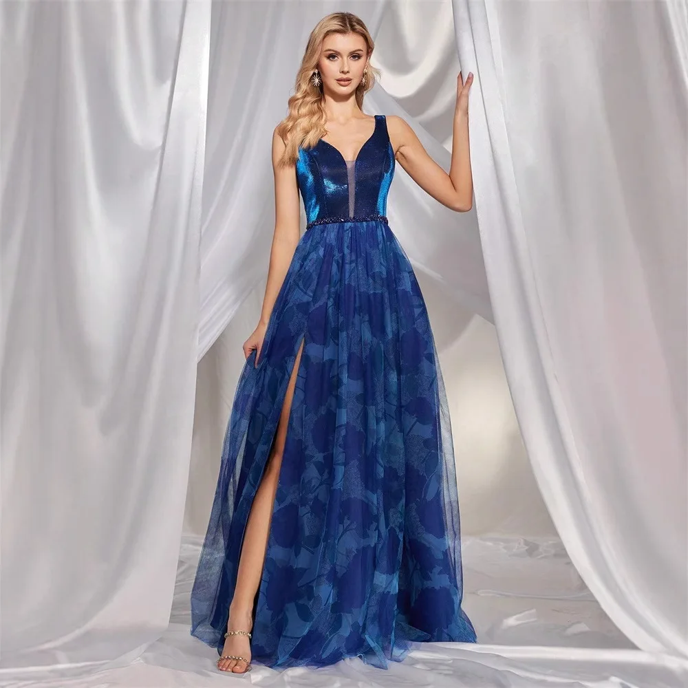 Vestido de Fiesta Elegante para Mujer, Cuello en V, Sin Mangas, Corpiño con Lentejuelas, Tul, Abertura Alta, Largo hasta el Suelo