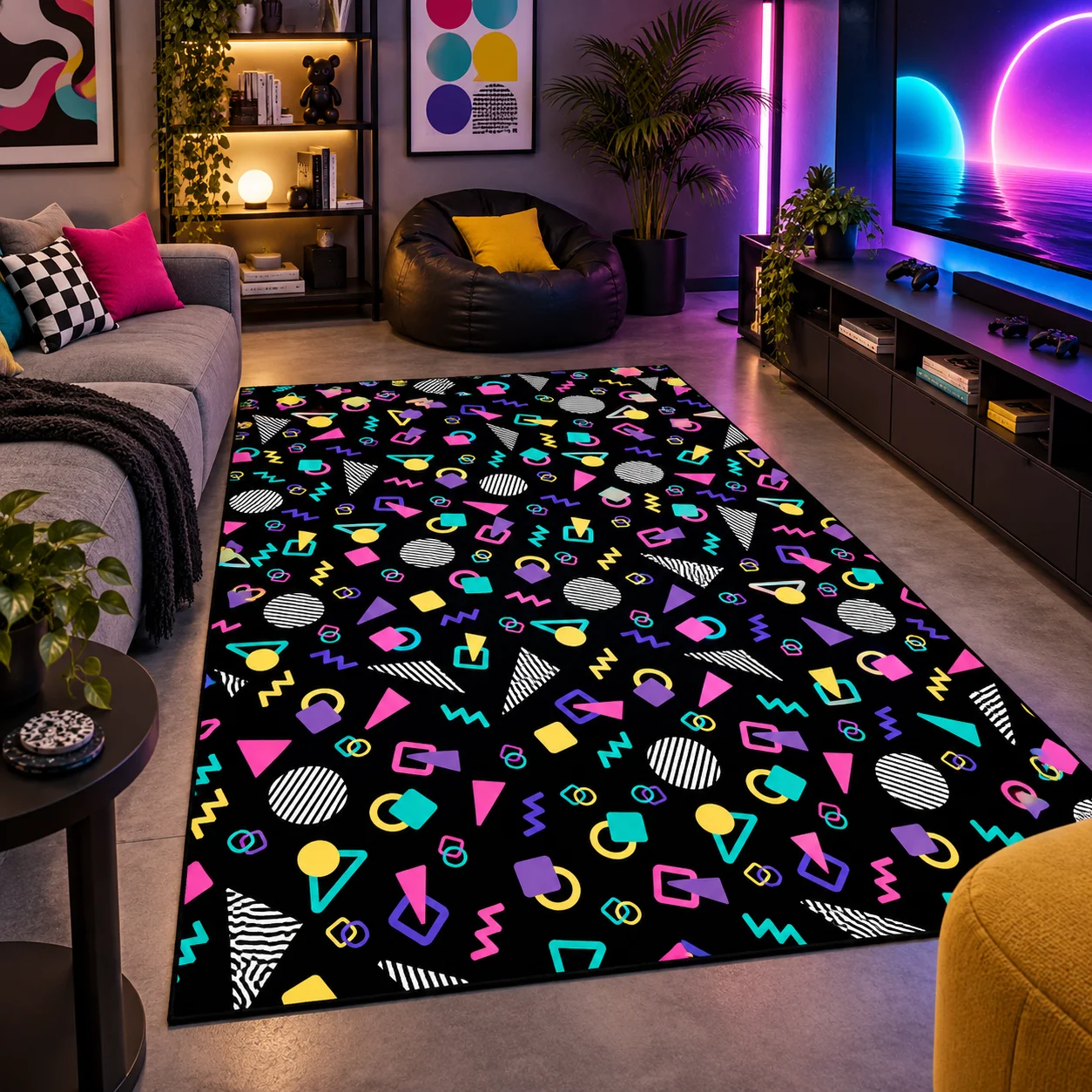 Retro Arcade Memphis Design Area Rug Tech Fabric Diatom Mud Indoor Outdoor Floor Carpet Game Room Bowling Alley Man Cave Living Room Bedroom Home Decor Eighties Nineties Style Colorful Geometric Rug Nostalgic Entertainment Space Decoration