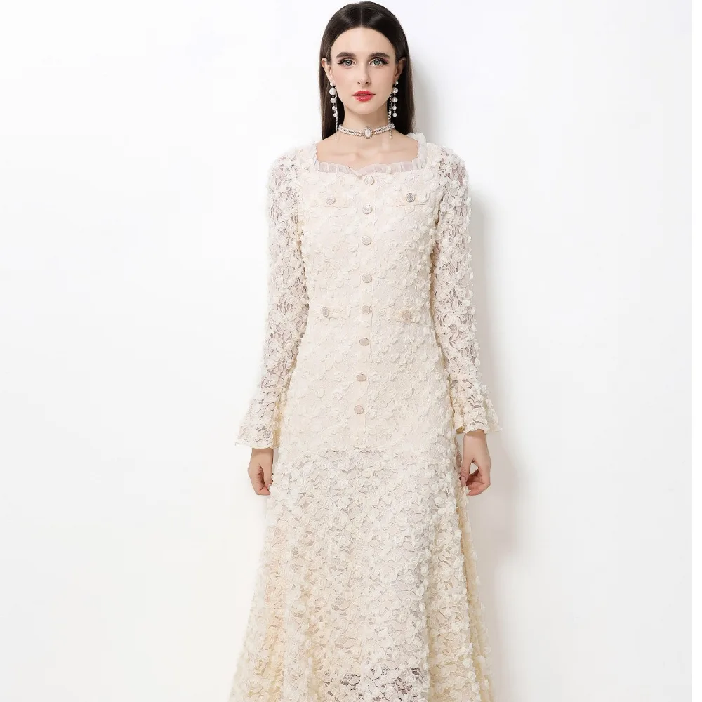 Frühling 2026 Luxuriöses Spitzenkleid mit Blumenmuster, schmal geschnitten, mit Glockenärmeln, Maxi-Länge, lässig, für Pendler, hohe Taille, Polyester...