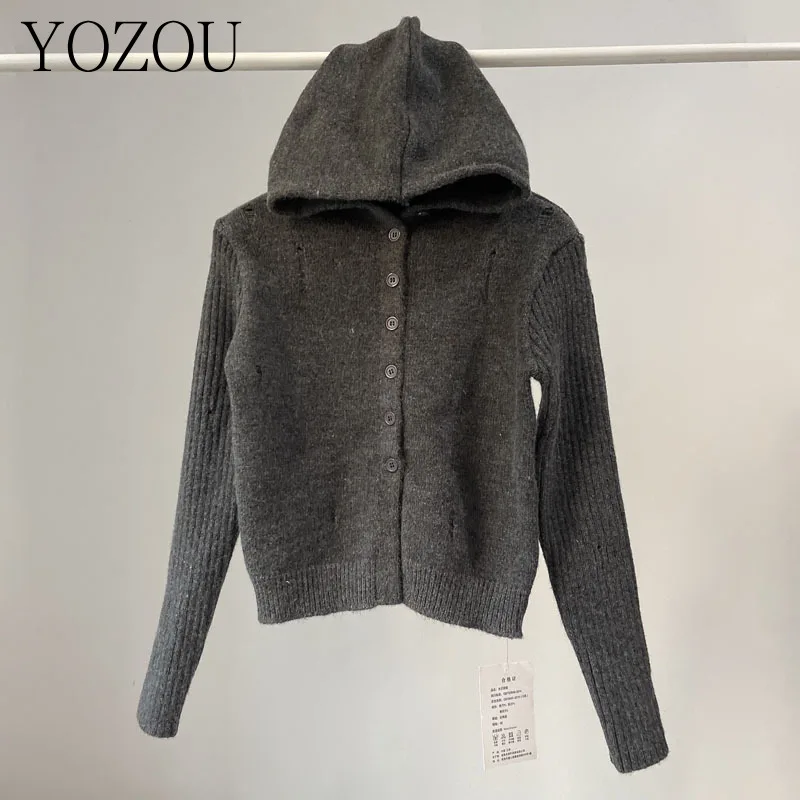 [YOZOU] Ribbed Knitwear Knitted Black Gray Ripped Hooded Cropped Bottons Up Cardigan Women Crop Top Solid Sweater Korean Style