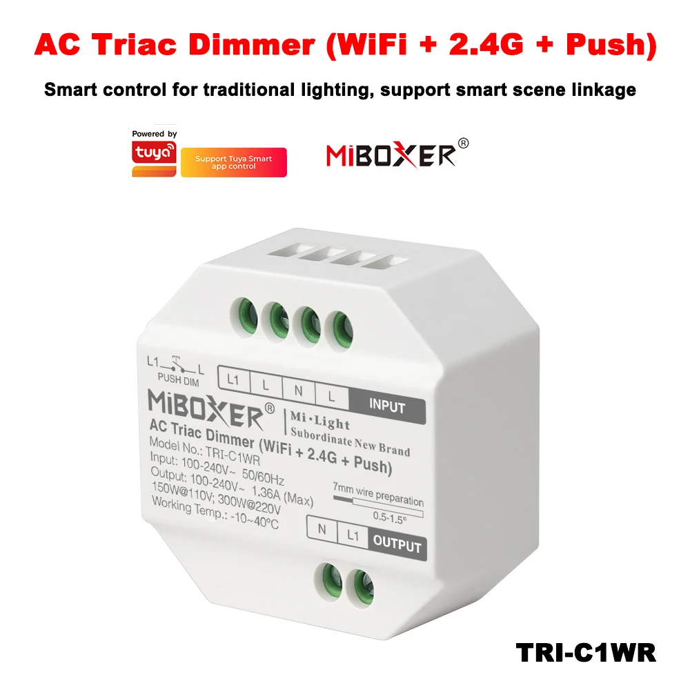 

Miboxer TRI-C1WR 110V-220V Smart Tuya Wireless WIFI+2.4GHz RF+Push Dim For Traditional incandescent/halogen/ triac dimmable lamp