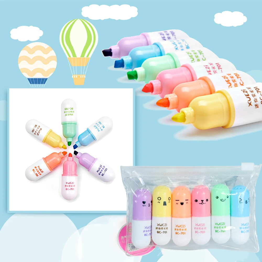 6pcs /Pack Cute Pill Mini Highlighter Marker Drawing Pen School Office Supply Kids Student Stationery