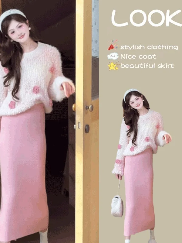 

Elegant Soft Style Knitted Sweater Women's Fashion Color Block Floral 3PC Set Winter Collection Gentle Wind Philosophy