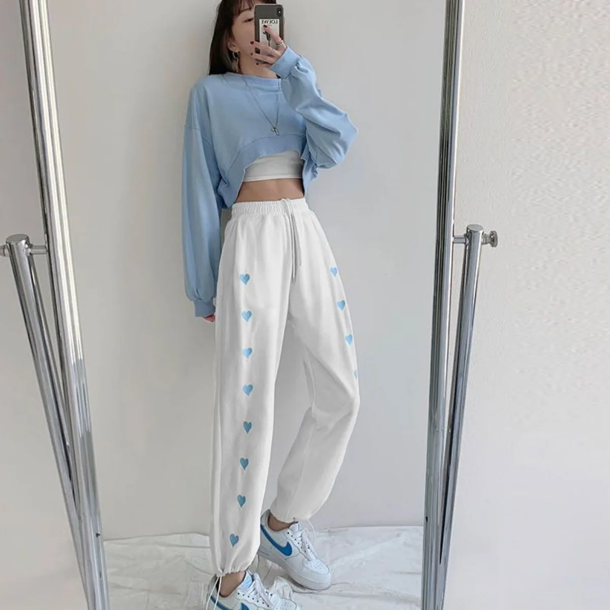Cute Sweet Fresh Heart-shaped Fashionable New Sports Pants for Women High Waist Loose Fitting Home Drawstring Casual Pants Girl