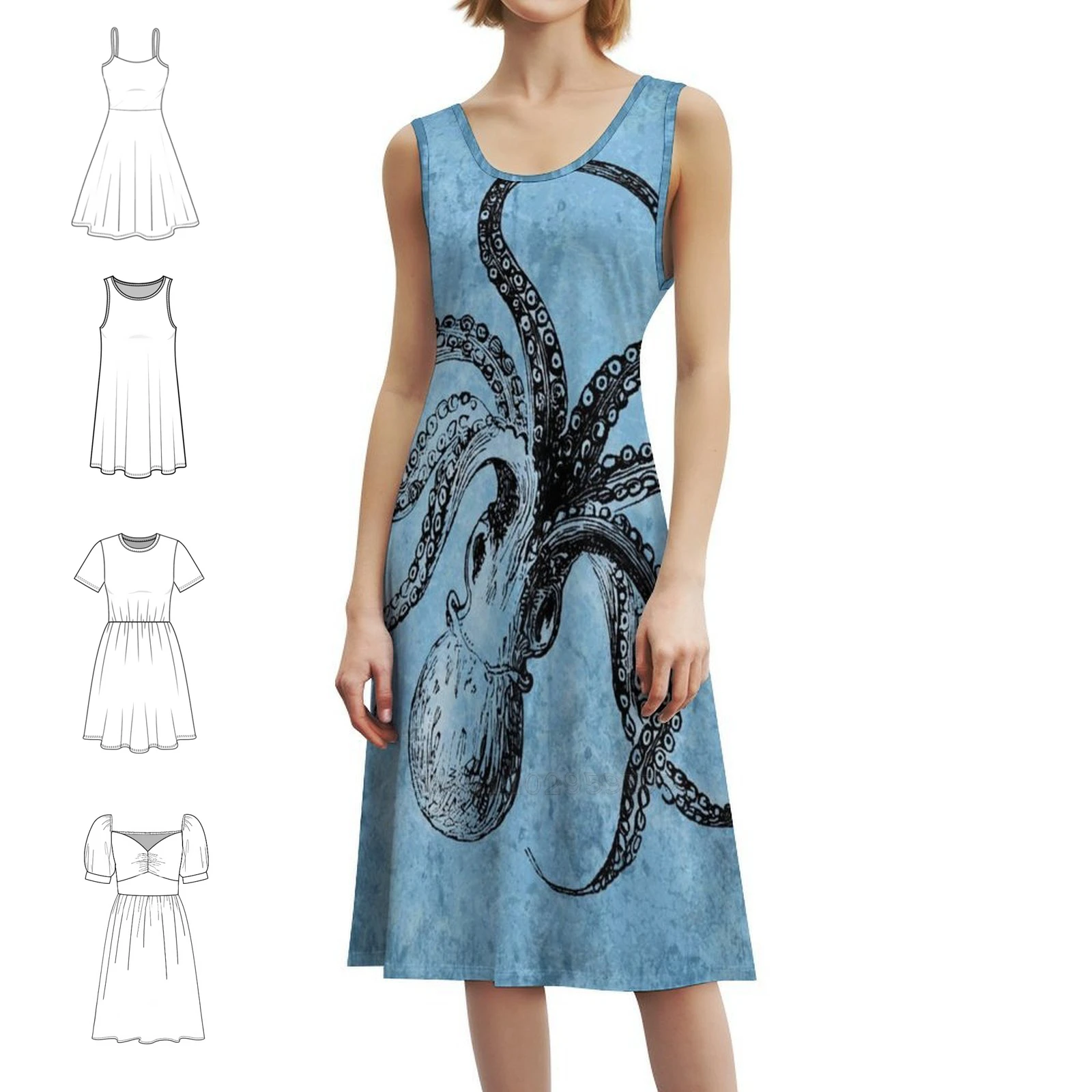 

Винтажное платье с вырезом в форме сердца в виде осьминога, элегантное летнее праздничное платье для женщин, винтажное платье с изображением осьминога, морского существа, природы