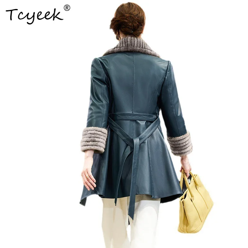 Tcyeek Pelle di pecora Autunno Inverno High End Abito alla moda Collo in pelliccia di visone Giacca in vera pelle da donna di media lunghezza Jaqueta Couro