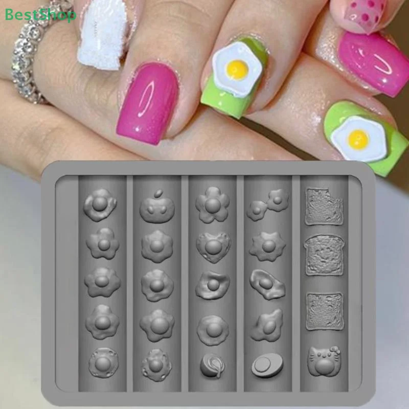 

♥3D Silicone Nail Mold Cute Flower Heart Shape Fried Egg Toast DesignDIY Nail Decor Transparent Manicure Template