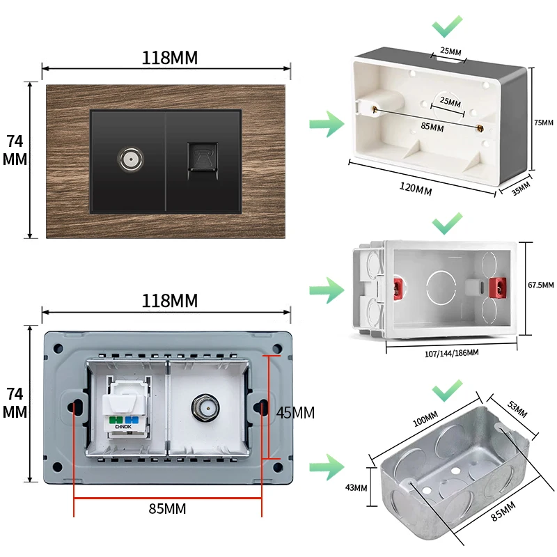 

ELEGAN Wood Grain Panel Black Brazil Standard Series Combination Socket Switch Universal Wall Computer TEL TV Socket 118mm*74mm