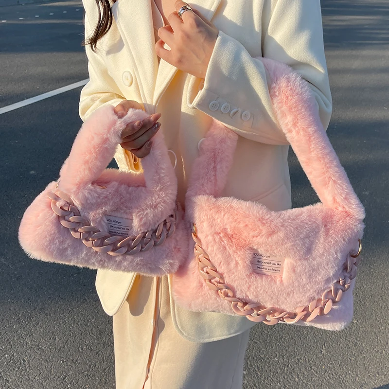 Vintage Plush Shoulder Bag for Women Trendy Designer Handbag and Purses Faux Fur 2023 New Casual Totes Ladies Messenger Bags