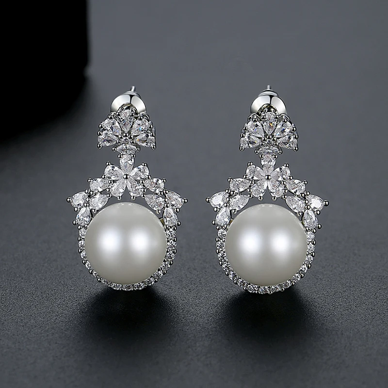 LUOTEEMI Big Imitation Pearls Earrings Temperament High Quality Graceful CZ Accessories for Women Bridal Wedding Dating Gift