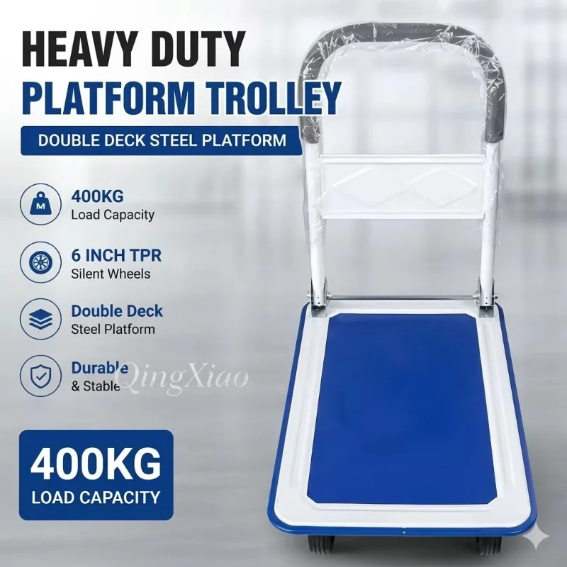 Durable Movable Four Wheel Hand Trolley Foldable Steel Platform Solid Frame Compact After Folding For Industrial Material Moving