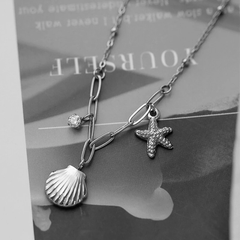316L Stainless Steel New Fashion Fine Jewelry Embed Zircon Starfish Pectinid Charm Chain Choker Necklaces Pendants For Women