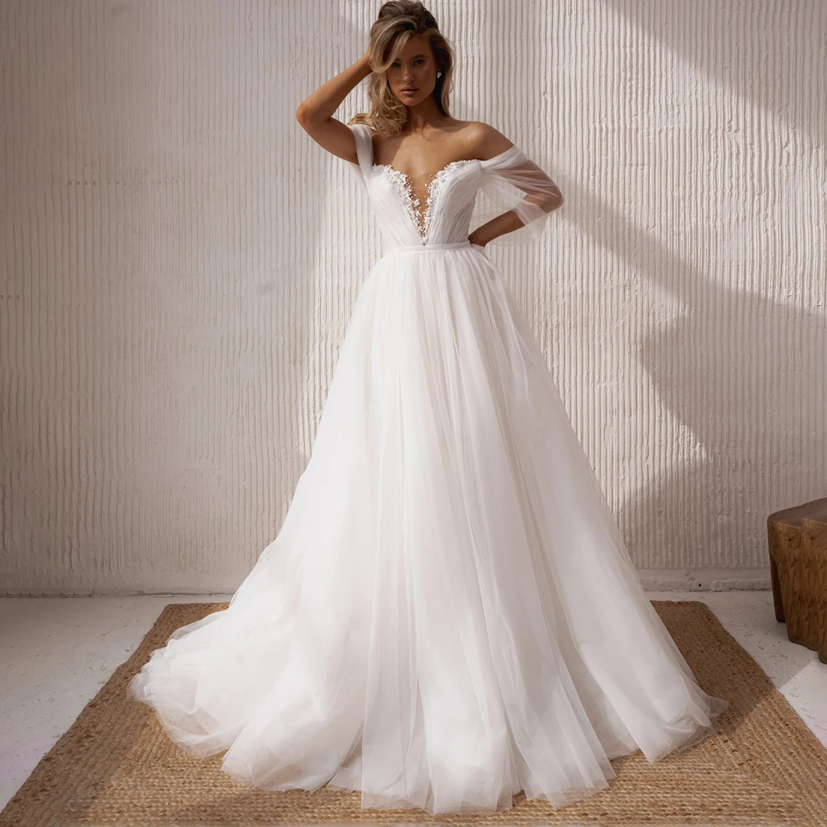 

Romantic Beaded Tulle Sweetheart Wedding Dresses Long Puffy Bridal Gown For Bride Vestidos novia Off Shoulder Ball Gown For Wom