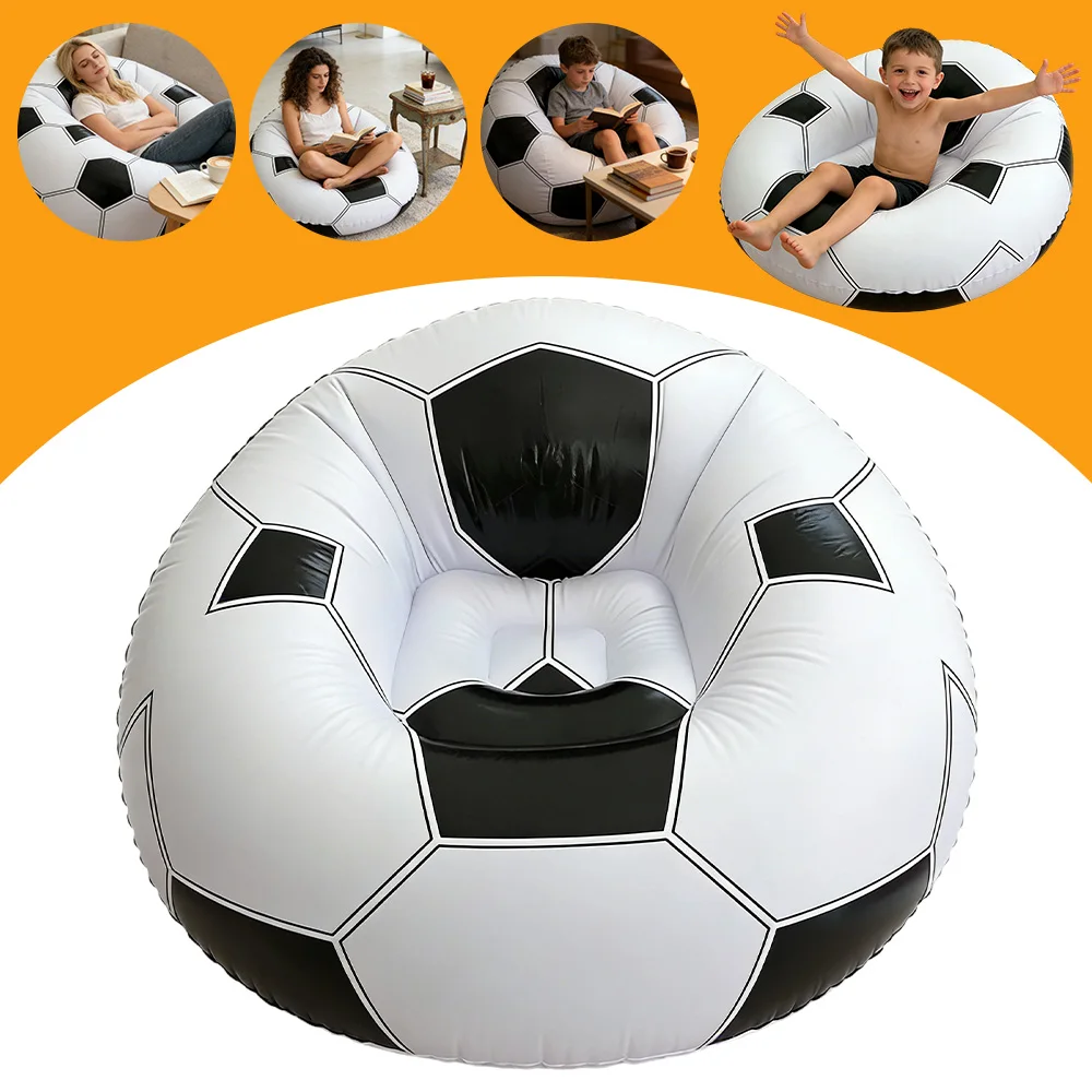 Fauteuil gonflable, canapé portable avec un design classique de ballon de football noir et blanc, adapté au balcon, aux pique-niques en plein air