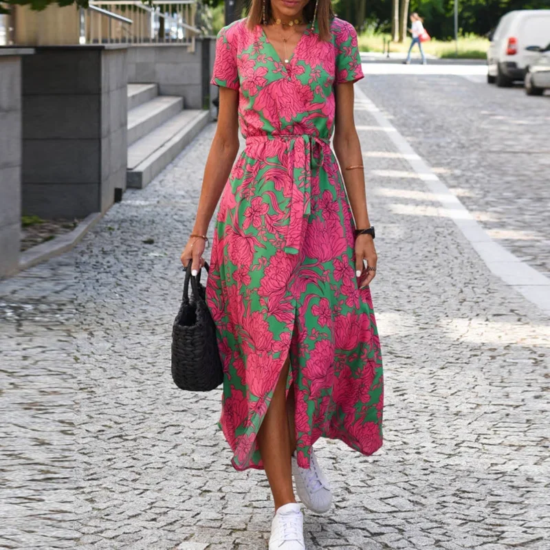 

Summer Floral Print Long Dresses Women Sexy V Neck Split Lace-up Dress Female Casual Elegant Short Sleeve Beach Dress Vestidos