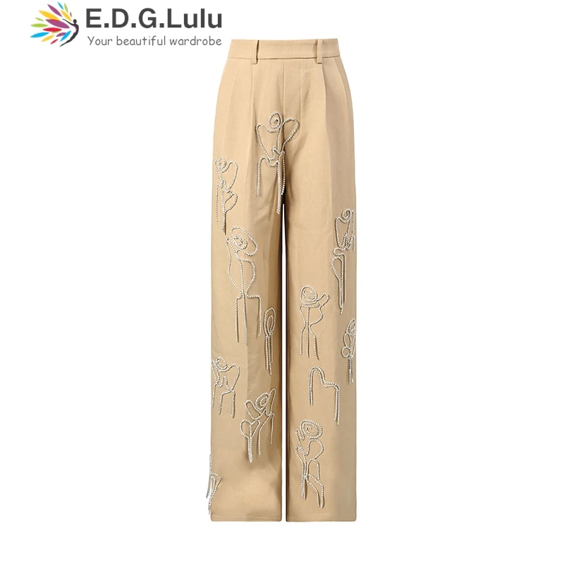 EDGLuLu Giacca da abito corta a maniche lunghe + Pantaloni a gamba larga a gamba dritta a vita alta Abito con giunture con intarsio di diamanti Set da due pezzi 0824