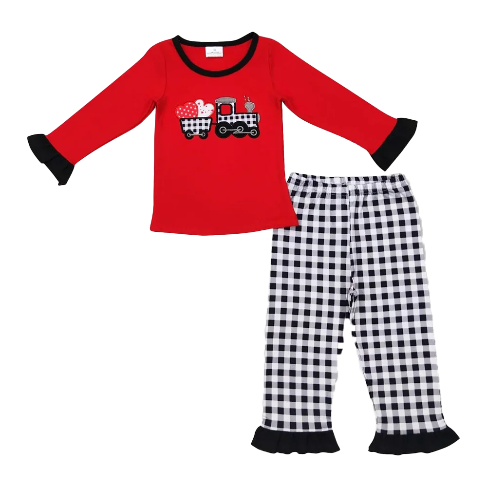 12.17 Baby Boys Winter Clothes Baby Girls Valentines Hearts Tractor Top Shirt Black Checkered Pants Pajamas Clothing Sets