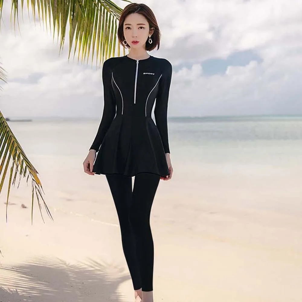 3 pçs beachwear manga longa maiô proteção solar collants biquíni feminino maiô preto de secagem rápida praia nadar saias meninas presente