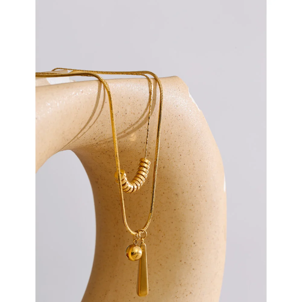 Yhpup Stainless Steel Double Layer Beads Water Drop Pendant Necklace Tarnish Resistant Distinctive Collar Jewelry