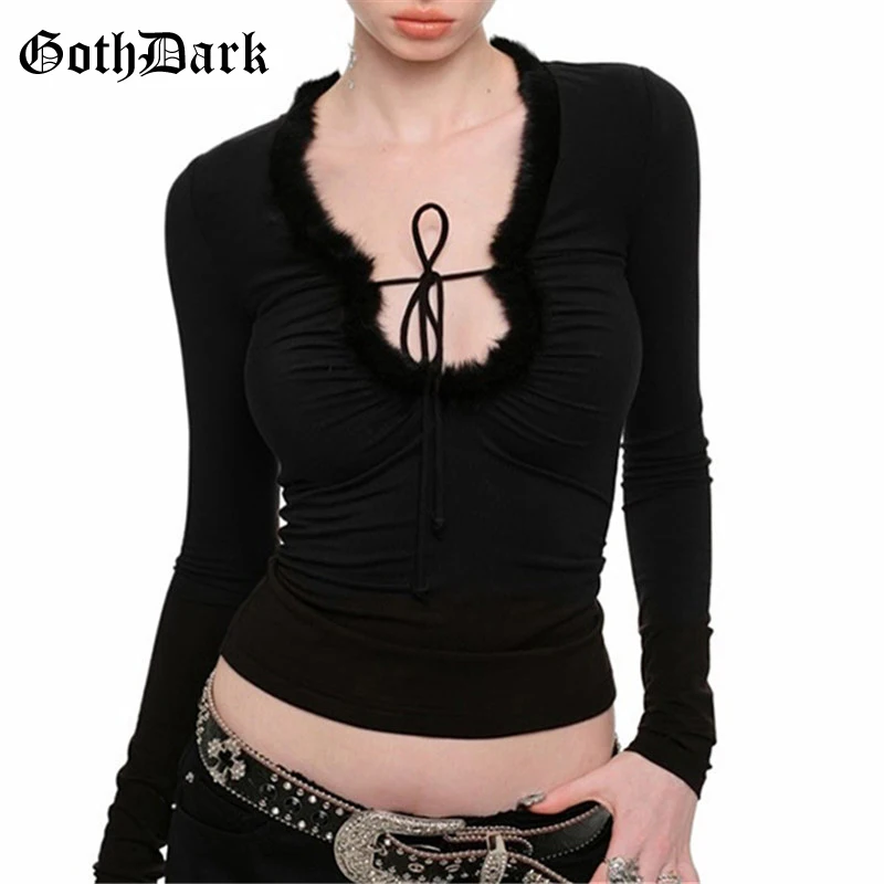 

Goth Dark Solid Teachwear Cyber Y2K Soft Fur Patchwork Low Neck Slim T-shirts Basic Women Slim Lace Up Pullover Tops Gothic Tees