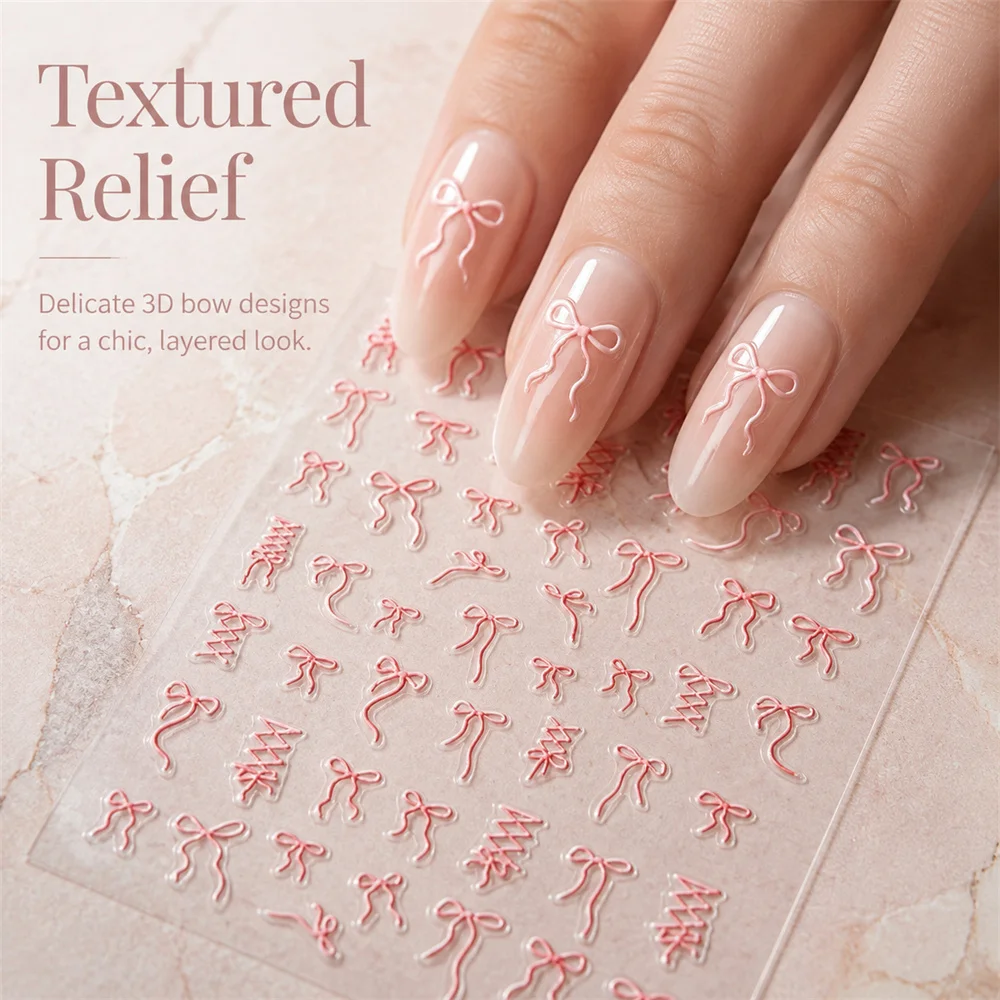 1Pc Stereo Embossed Ribbon Knot Nail Decals Elegant Bow Rope Adhesive Stickers For Handmade Acrylic Nail Embellishment Supplies