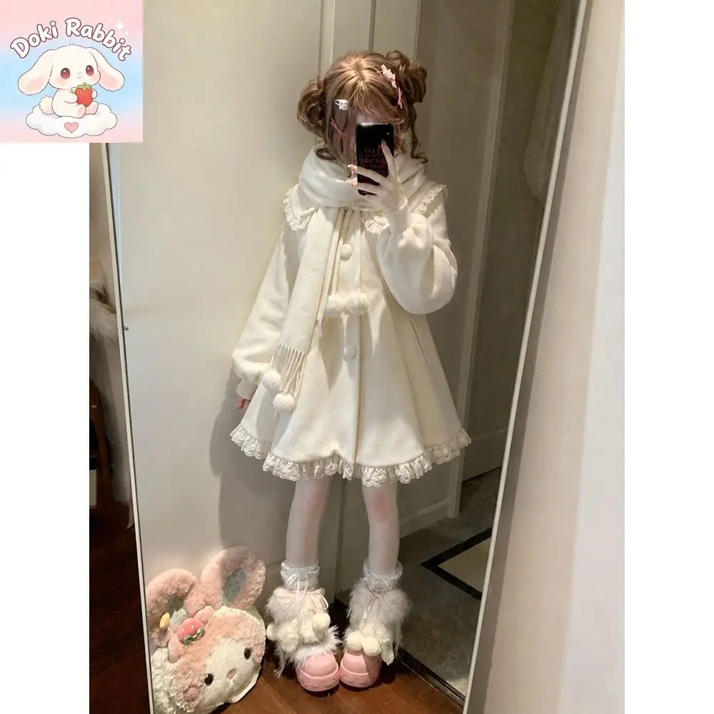 Autumn Winter Japanese Lolita Sweet Women 2 Piece Set Thicken White Coat Dress + Scarf Korean Fashion Party Outfit Harajuku 2026