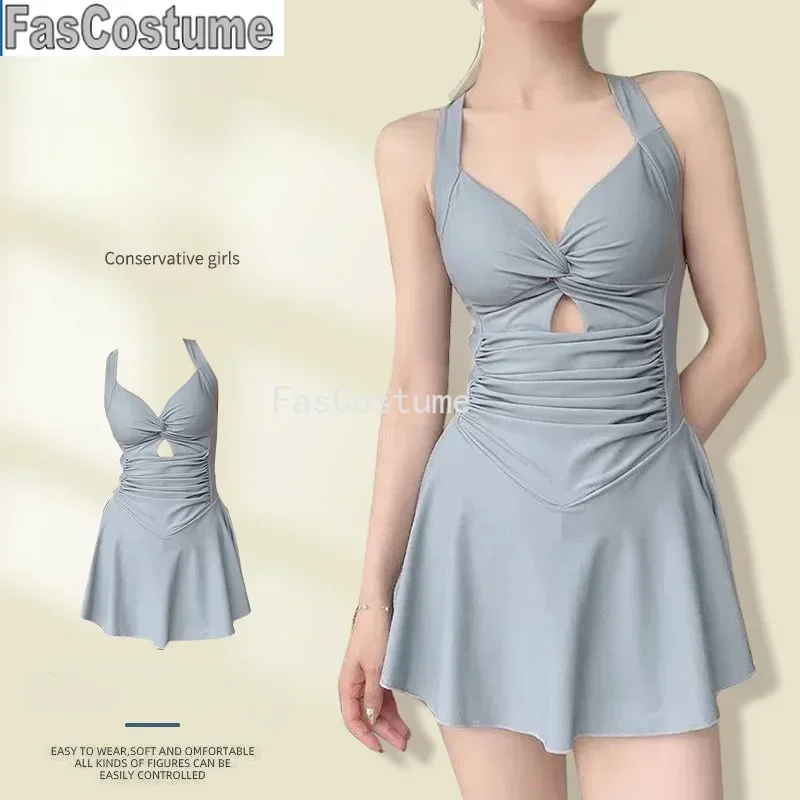 

FasCostume Swimming Suit for Women Solid Color Slimming One- Dress StyleConservative Waist Tightening Slimming Vacation Swimsuit