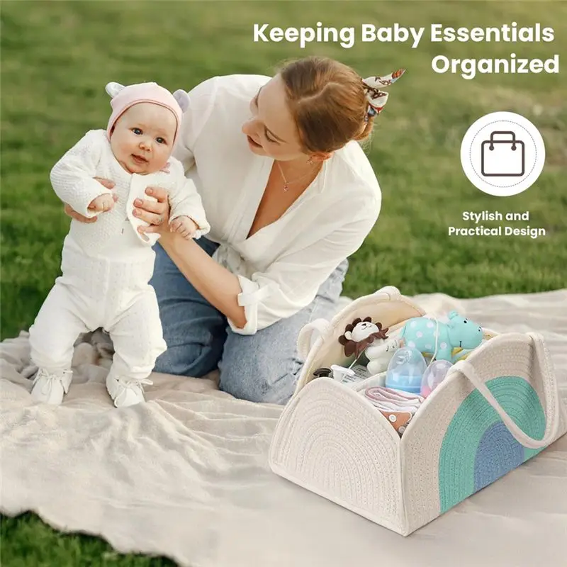 Y51A Baby Diaper Organizer Caddy, Cotton Rope Portable Basket for Diapers and Wipes, Newborn for Essentials Storage for