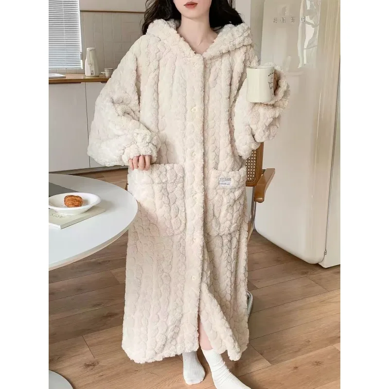 Cozy Women Winter Thick Flannel Bathrobe Hooded Coral Fleece Long Robe Warm Loungewear Homewear