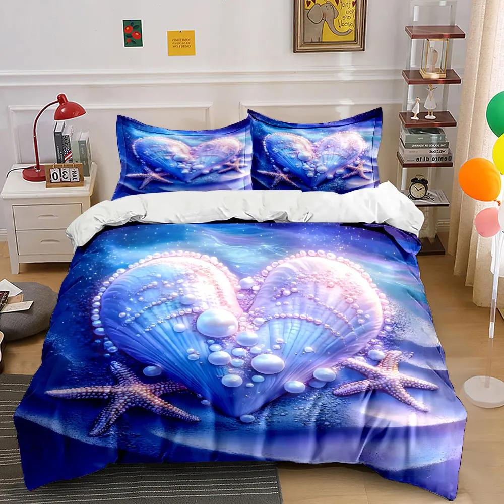 Heart-shaped shells with pearls starfish Print Soft Comfortable Duvet Cover Bedding Set Included 1*Duvet Cover 2*Pillowcases