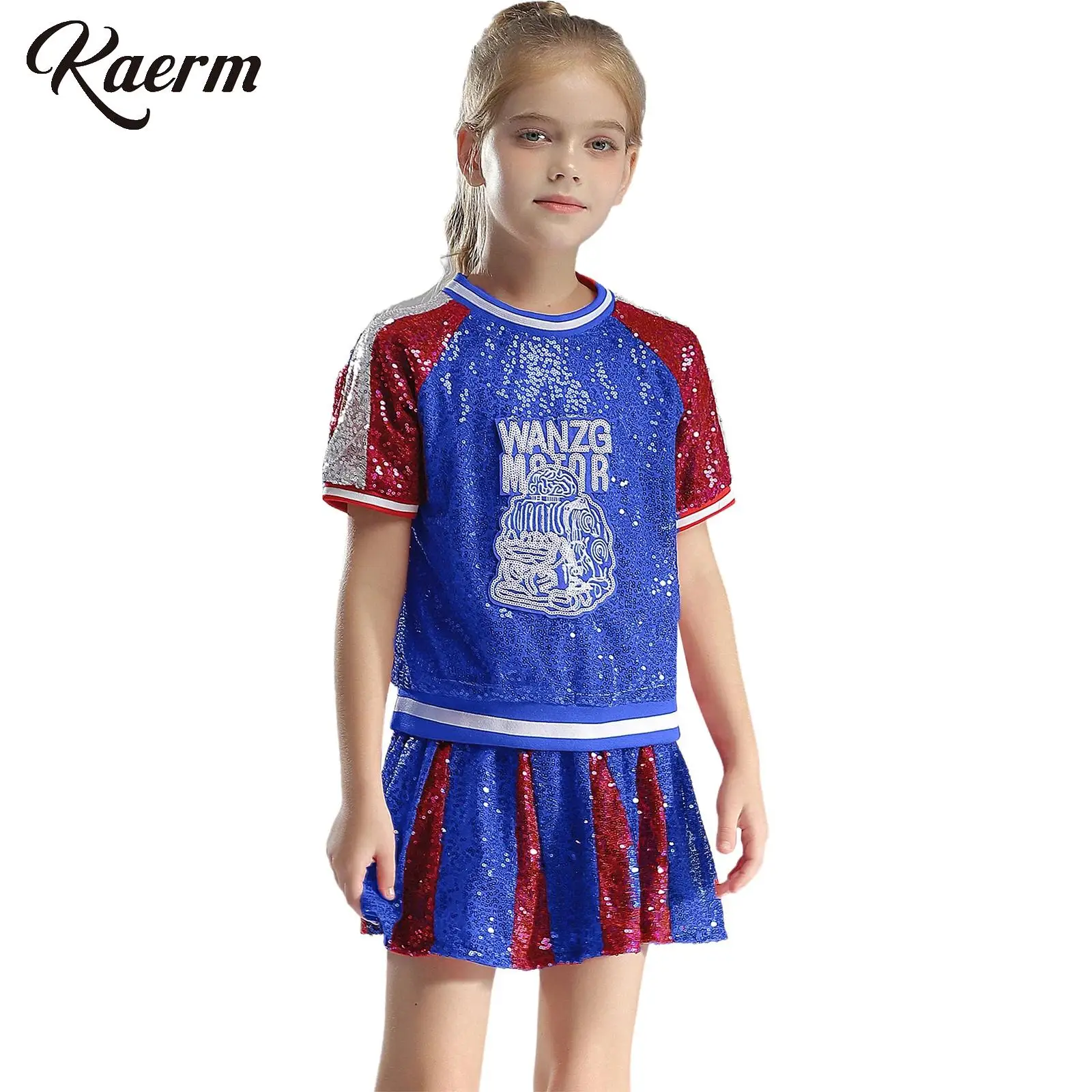 

Child Girls Sequins Jazz Dance Costume Performance Letter Printed Short Sleeve Color Block Tops with Skirt for Cheerleading Team