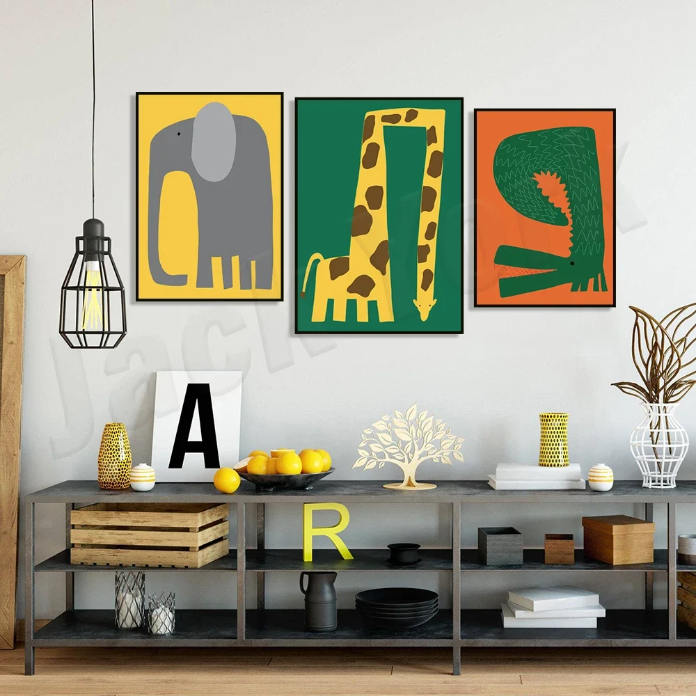 مطبوعات فنية للأطفال، ملصق فني ملون على شكل حيوانات، تمساح، زرافة، طباعة فنية على شكل فيل الغابة، ديكور حضانة غرفة نوم أطفال سفاري