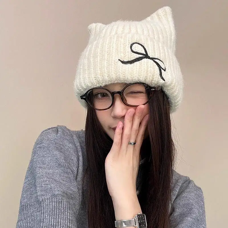 

Cute Cat Ear Knitted Hat Embroidery Bowknot Beanies Winter Warm Solid Color Crochet Bonnet Girls Cat Ear Beanie Pullover Cap